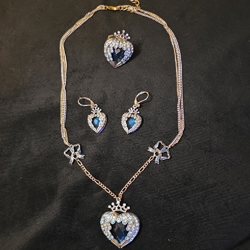 Betsey Johnson Elegant Blue&Silver Jewelry - Adjustabe Ring/necklace/earrings